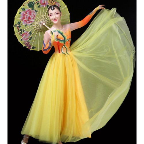 Women's blue colored Chinese folk dance dress fairy traditional classical dancers stage performance professional dresses